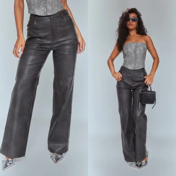 Pretty Little Thing Washed Black Faux Leather Straight Leg Trousers US 10 New - Picture 1 of 11